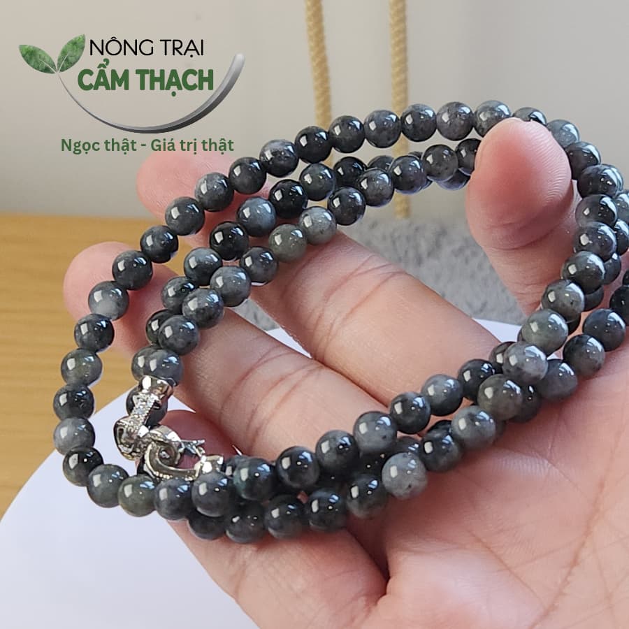[Nông Trại Cẩm Thạch] Chuỗi Quấn Tay Ngọc Cẩm Thạch Phỉ Thúy Màu Gà Đen Tự Nhiên Type A kèm kiểm định, hạt 6mm 6120