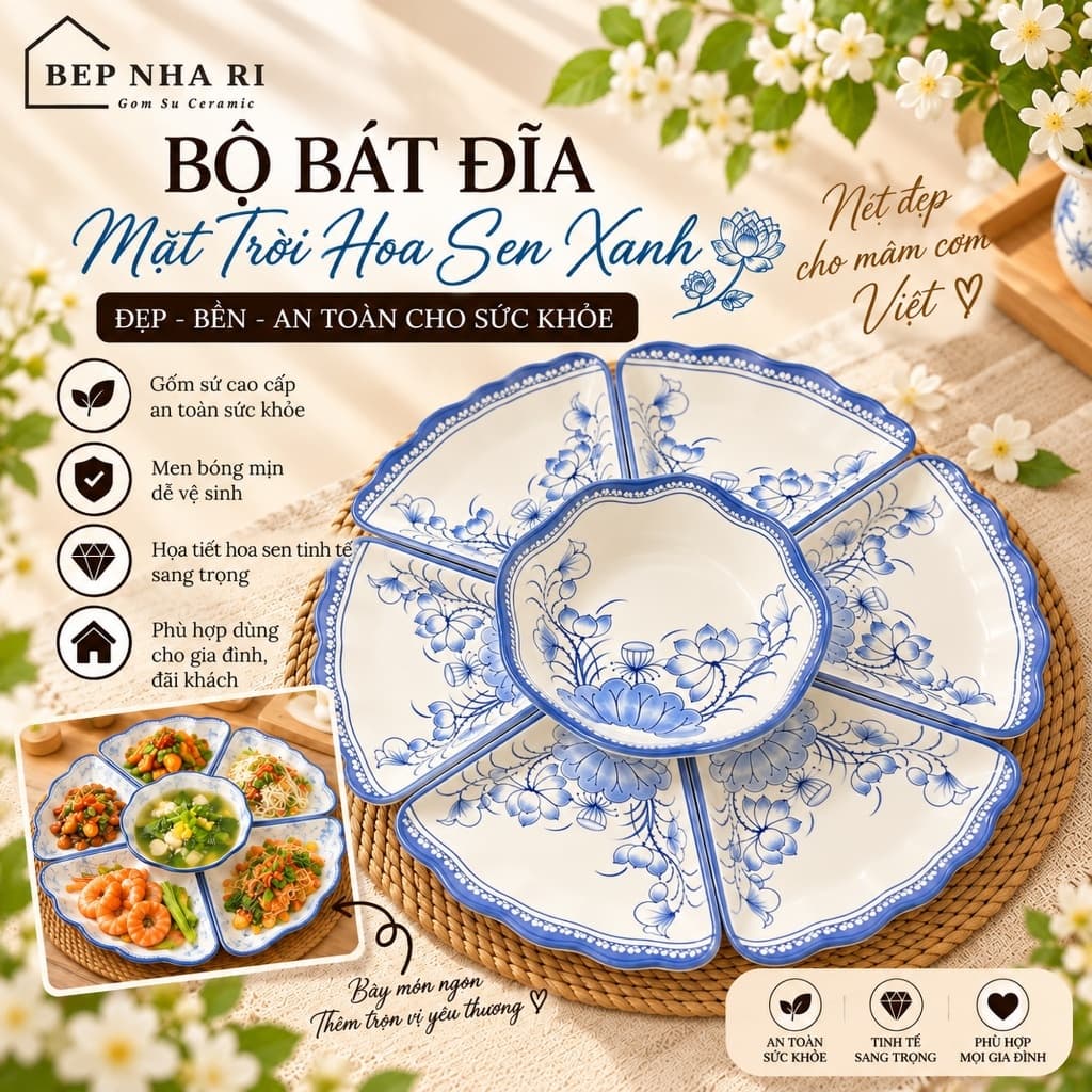 [ BepNhaRi ] Bộ Mặt Trời Họa Tiết Hoa Sen Xanh – Vẻ Đẹp Truyền Thống, Tinh Tế Cho Không Gian Thờ Cúng