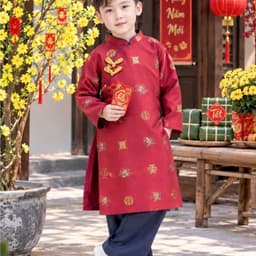 Áo dài bé trai 2 màu đỏ xanh đậm - chất lliệu gấm dệt cao cấp - kèm quần cho bé - đủ size 8 - 48 ký 4