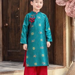 Áo dài bé trai Tết 2027, chất liệu gấm dệt hoa cao cấp - nam tính - lót lụa mềm mịn không dặm ngứa - kèm quần 7