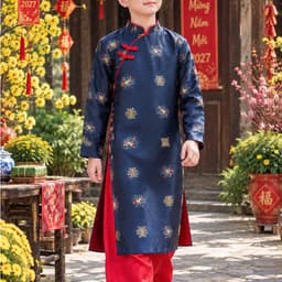 Áo dài bé trai 2 màu đỏ xanh đậm - chất lliệu gấm dệt cao cấp - kèm quần cho bé - đủ size 8 - 48 ký 7