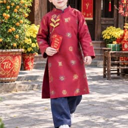 Áo dài bé trai 2 màu đỏ xanh đậm - chất lliệu gấm dệt cao cấp - kèm quần cho bé - đủ size 8 - 48 ký 9
