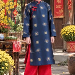 Áo dài bé trai 2 màu đỏ xanh đậm - chất lliệu gấm dệt cao cấp - kèm quần cho bé - đủ size 8 - 48 ký 5