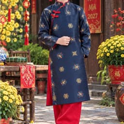 Áo dài bé trai 2 màu đỏ xanh đậm - chất lliệu gấm dệt cao cấp - kèm quần cho bé - đủ size 8 - 48 ký 6