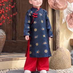 Áo dài bé trai 2 màu đỏ xanh đậm - chất lliệu gấm dệt cao cấp - kèm quần cho bé - đủ size 8 - 48 ký 8