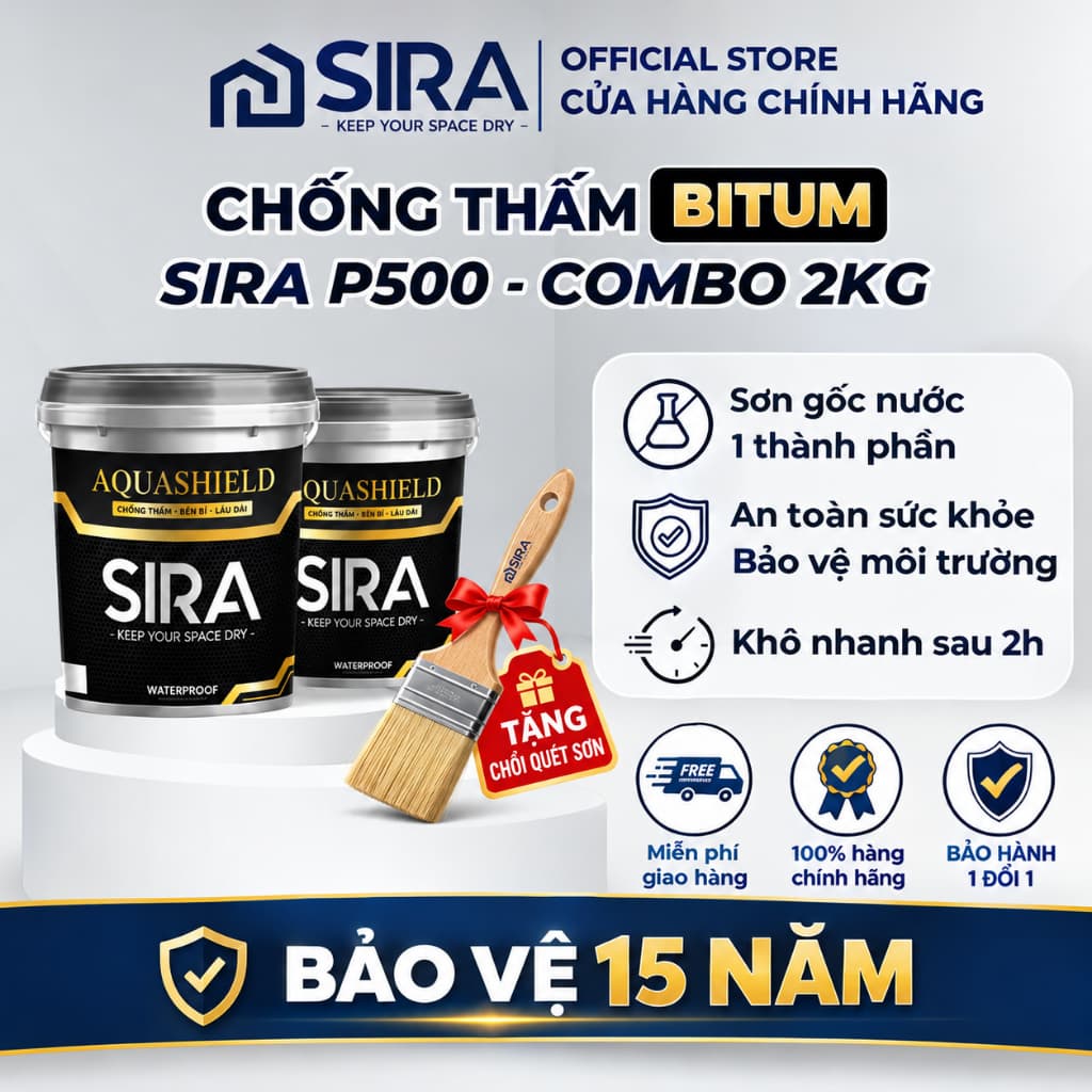 [2KG] Sơn Chống Thấm Bitum SIRA P500 – Chống Thấm Mái Tôn, Sàn Mái, Máng Xối, Tường Và Bể Xi Măng – Tặng Chổi