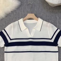 Áo Len Mongtoghi Nữ Cộc Tay Cổ Bẻ Kẻ Sọc - Áo Dệt Kim Mỏng Cổ Polo Chữ V Dáng Trẻ 5 Màu Phối (50-60kg) Cường Hoàng 2