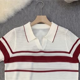 Áo Len Mongtoghi Nữ Cộc Tay Cổ Bẻ Kẻ Sọc - Áo Dệt Kim Mỏng Cổ Polo Chữ V Dáng Trẻ 5 Màu Phối (50-60kg) Cường Hoàng 5