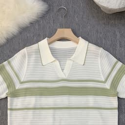 Áo Len Mongtoghi Nữ Cộc Tay Cổ Bẻ Kẻ Sọc - Áo Dệt Kim Mỏng Cổ Polo Chữ V Dáng Trẻ 5 Màu Phối (50-60kg) Cường Hoàng 3