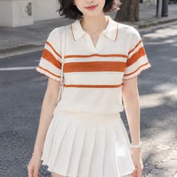 Áo Len Mongtoghi Nữ Cộc Tay Cổ Bẻ Kẻ Sọc - Áo Dệt Kim Mỏng Cổ Polo Chữ V Dáng Trẻ 5 Màu Phối (50-60kg) Cường Hoàng 7