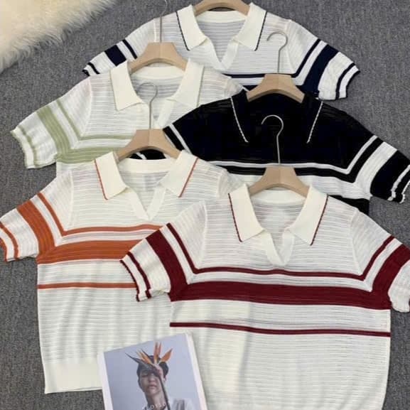 Áo Len Mongtoghi Nữ Cộc Tay Cổ Bẻ Kẻ Sọc - Áo Dệt Kim Mỏng Cổ Polo Chữ V Dáng Trẻ 5 Màu Phối (50-60kg) Cường Hoàng