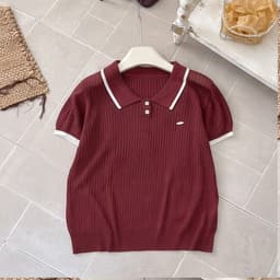 Áo Len Polo Mongtoghi Nữ Cộc Tay Cổ Bẻ Viền Phối Màu - Áo Dệt Kim Mỏng 2 Cúc Phong Cách Thể Thao Dáng Trẻ 8 Màu 50-60kg 3