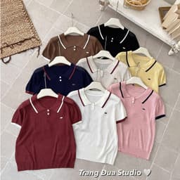 Áo Len Polo Mongtoghi Nữ Cộc Tay Cổ Bẻ Viền Phối Màu - Áo Dệt Kim Mỏng 2 Cúc Phong Cách Thể Thao Dáng Trẻ 8 Màu 50-60kg 1
