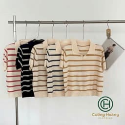 Áo Len Sợi Kẻ Cổ Bẻ Nữ Cộc Tay - Áo Polo Dệt Kim Mỏng Cổ V Kẻ Sọc Ngang Dáng Trẻ Trung 5 Phối Màu (50-60kg) 1