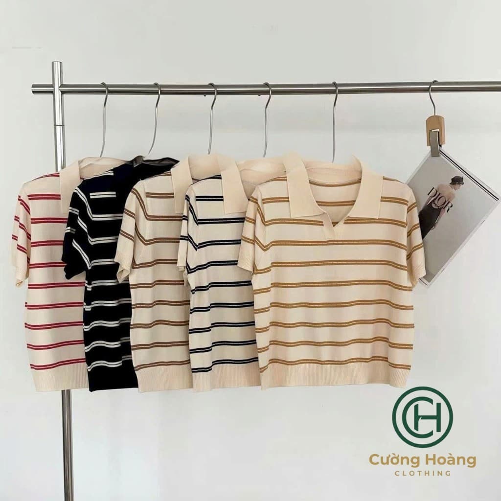 Áo Len Sợi Kẻ Cổ Bẻ Nữ Cộc Tay - Áo Polo Dệt Kim Mỏng Cổ V Kẻ Sọc Ngang Dáng Trẻ Trung 5 Phối Màu (50-60kg)