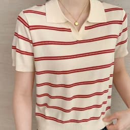 Áo Len Sợi Kẻ Cổ Bẻ Nữ Cộc Tay - Áo Polo Dệt Kim Mỏng Cổ V Kẻ Sọc Ngang Dáng Trẻ Trung 5 Phối Màu (50-60kg) 4