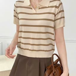 Áo Len Sợi Kẻ Cổ Bẻ Nữ Cộc Tay - Áo Polo Dệt Kim Mỏng Cổ V Kẻ Sọc Ngang Dáng Trẻ Trung 5 Phối Màu (50-60kg) 3
