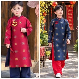 Áo dài bé trai 2 màu đỏ xanh đậm - chất lliệu gấm dệt cao cấp - kèm quần cho bé - đủ size 8 - 48 ký 1