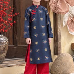 Áo dài bé trai 2 màu đỏ xanh đậm - chất lliệu gấm dệt cao cấp - kèm quần cho bé - đủ size 8 - 48 ký 3