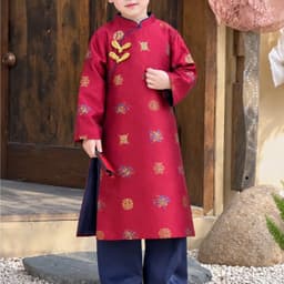 Áo dài bé trai 2 màu đỏ xanh đậm - chất lliệu gấm dệt cao cấp - kèm quần cho bé - đủ size 8 - 48 ký 2