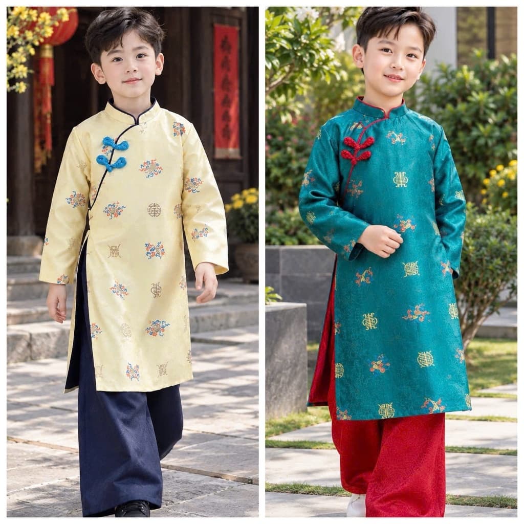 Áo dài bé trai Tết 2027, chất liệu gấm dệt hoa cao cấp - nam tính - lót lụa mềm mịn không dặm ngứa - kèm quần