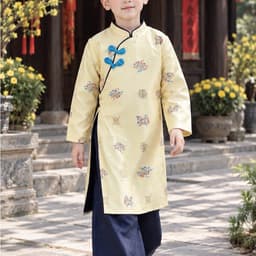 Áo dài bé trai Tết 2027, chất liệu gấm dệt hoa cao cấp - nam tính - lót lụa mềm mịn không dặm ngứa - kèm quần 3