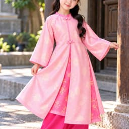 Áo dài cách tân bé gái gấm hoa cao cấp, tay loe duyên dáng, màu hồng đỏ xinh xắn, diện Tết cực yêu 2