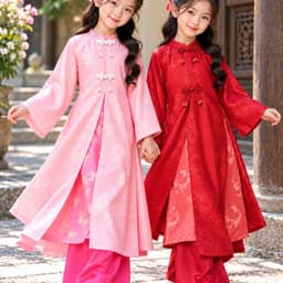 Áo dài cách tân bé gái gấm hoa cao cấp, tay loe duyên dáng, màu hồng đỏ xinh xắn, diện Tết cực yêu 1