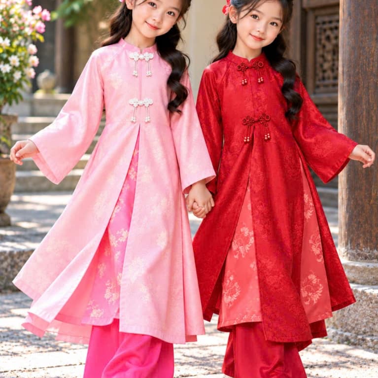 Áo dài cách tân bé gái gấm hoa cao cấp, tay loe duyên dáng, màu hồng đỏ xinh xắn, diện Tết cực yêu