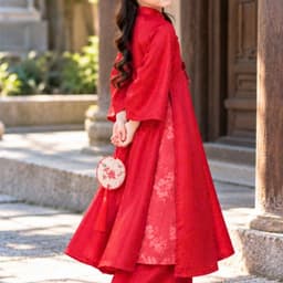 Áo dài cách tân bé gái gấm hoa cao cấp, tay loe duyên dáng, màu hồng đỏ xinh xắn, diện Tết cực yêu 8