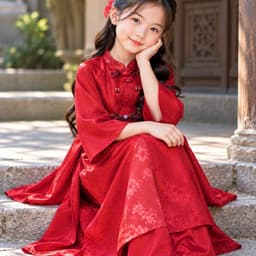 Áo dài cách tân bé gái gấm hoa cao cấp, tay loe duyên dáng, màu hồng đỏ xinh xắn, diện Tết cực yêu 6