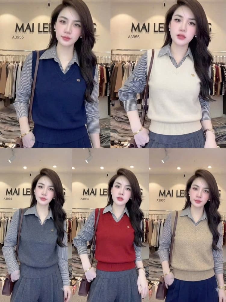 Áo Len Pha Sơ Mi Nữ Dài Tay Giả 2 Lớp - Áo Gile Len Cổ V Phối Tay Sơ Mi Kẻ Sọc Dáng Trẻ Công Sở 5 Màu (50-60kg)