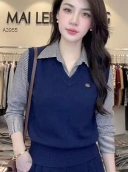 Áo Len Pha Sơ Mi Nữ Dài Tay Giả 2 Lớp - Áo Gile Len Cổ V Phối Tay Sơ Mi Kẻ Sọc Dáng Trẻ Công Sở 5 Màu (50-60kg) 2