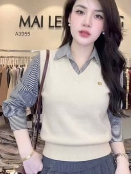 Áo Len Pha Sơ Mi Nữ Dài Tay Giả 2 Lớp - Áo Gile Len Cổ V Phối Tay Sơ Mi Kẻ Sọc Dáng Trẻ Công Sở 5 Màu (50-60kg) 3