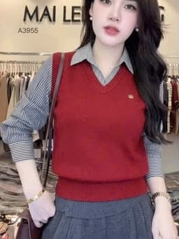 Áo Len Pha Sơ Mi Nữ Dài Tay Giả 2 Lớp - Áo Gile Len Cổ V Phối Tay Sơ Mi Kẻ Sọc Dáng Trẻ Công Sở 5 Màu (50-60kg) 5