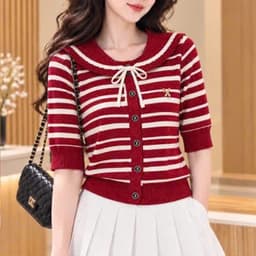 Áo Len Kẻ Nữ Tay Lỡ Cổ Sen Thắt Nơ - Áo Dệt Kim Mỏng Cài Cúc Kẻ Sọc Ngang Phong Cách Tiểu Thư 6 Màu (50-60kg) 7