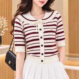 Áo Len Kẻ Nữ Tay Lỡ Cổ Sen Thắt Nơ - Áo Dệt Kim Mỏng Cài Cúc Kẻ Sọc Ngang Phong Cách Tiểu Thư 6 Màu (50-60kg) 3