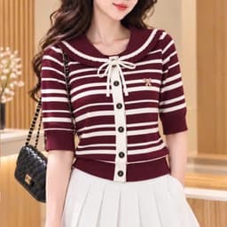 Áo Len Kẻ Nữ Tay Lỡ Cổ Sen Thắt Nơ - Áo Dệt Kim Mỏng Cài Cúc Kẻ Sọc Ngang Phong Cách Tiểu Thư 6 Màu (50-60kg) 4