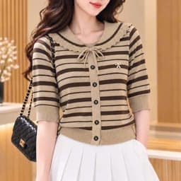 Áo Len Kẻ Nữ Tay Lỡ Cổ Sen Thắt Nơ - Áo Dệt Kim Mỏng Cài Cúc Kẻ Sọc Ngang Phong Cách Tiểu Thư 6 Màu (50-60kg) 6