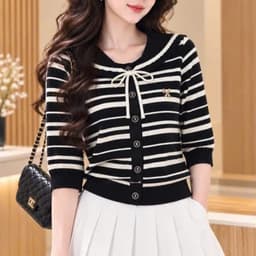 Áo Len Kẻ Nữ Tay Lỡ Cổ Sen Thắt Nơ - Áo Dệt Kim Mỏng Cài Cúc Kẻ Sọc Ngang Phong Cách Tiểu Thư 6 Màu (50-60kg) 2