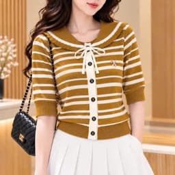 Áo Len Kẻ Nữ Tay Lỡ Cổ Sen Thắt Nơ - Áo Dệt Kim Mỏng Cài Cúc Kẻ Sọc Ngang Phong Cách Tiểu Thư 6 Màu (50-60kg) 5