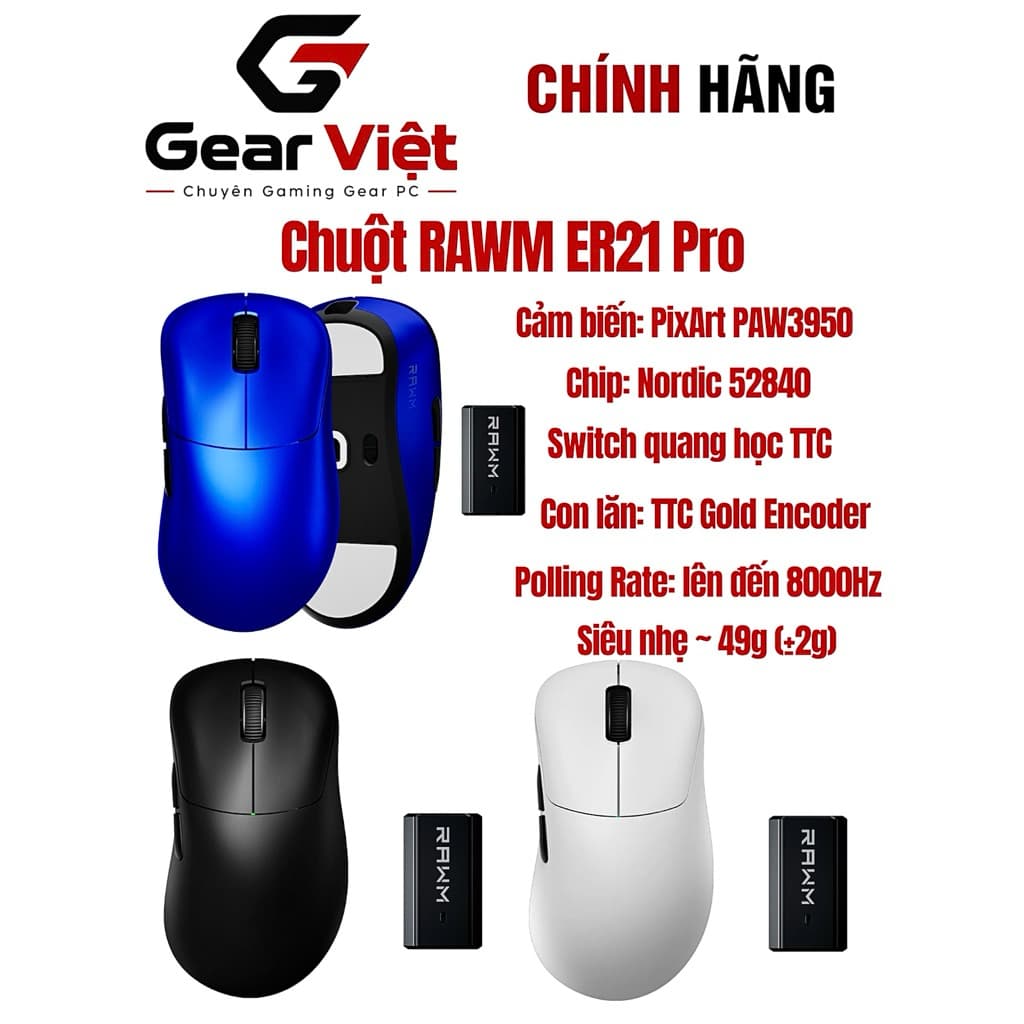 (Gear Việt) Chuột không dây Gaming Công thái học ERGO RAWM ER21 PRO 8KHz Lightweight Wireless Mouse PAW3950 30000DP