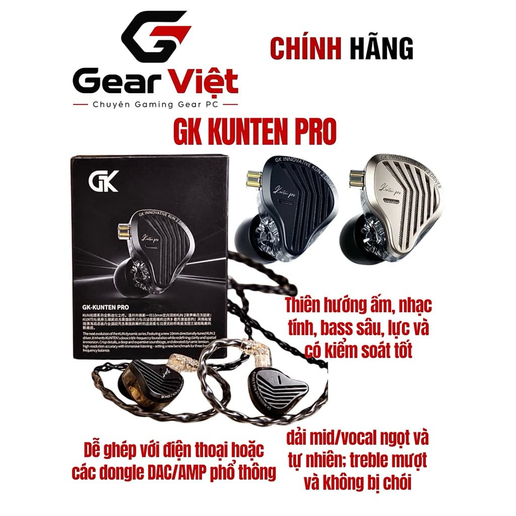 Tai nghe IEM GK Kunten Pro - Gaming HiFi chất lượng, driver 10mm, jack 3.5mm & Type-C, hàng chính hãng|GEAR VIỆT
