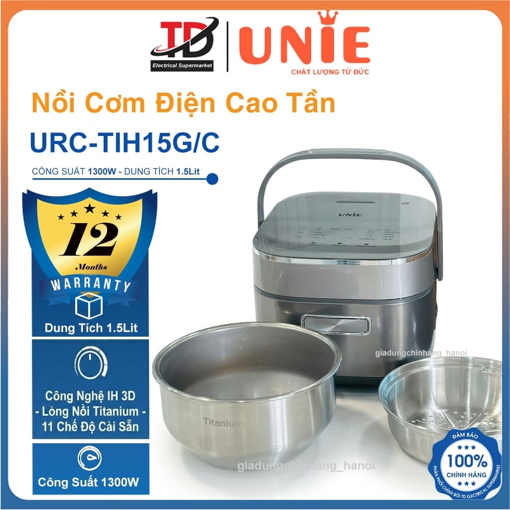 Nồi Cơm Cao Tần UNIE URC-TIH15C/G, 1.5Lit-1300W, Lòng Nồi TiTanium Dày 2mm, IH 3D, 11 Chế Độ Nấu, Hàng Chính Hãng