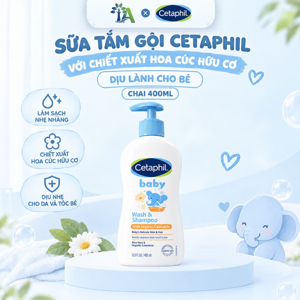 Sữa Tắm Gội Cetaphil Với Chiết Xuất Hoa Cúc Hữu Cơ Dịu Lành Cho Bé Chai 400ml