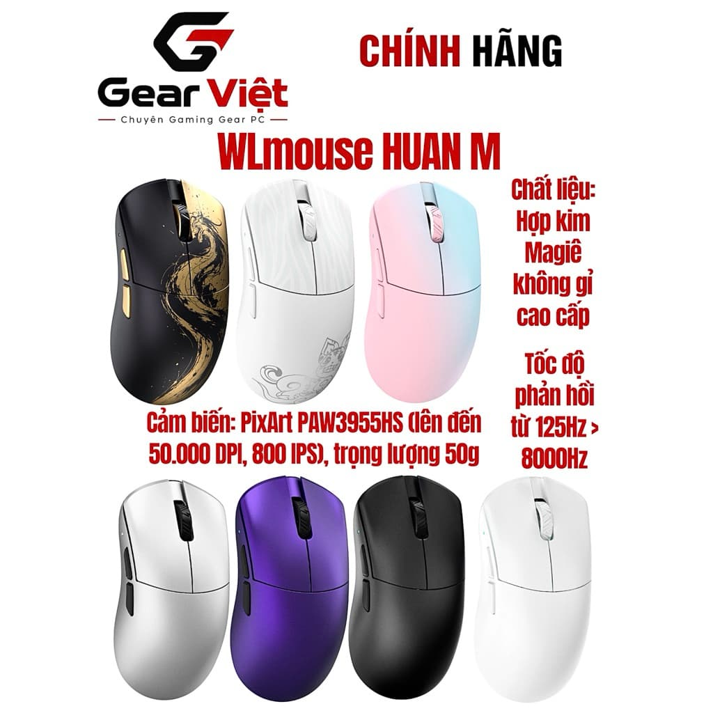Chuột không dây Gaming HUAN M cho tay cỡ vừa - Hợp kim Magie - 8K, lý tưởng cho game thủ.