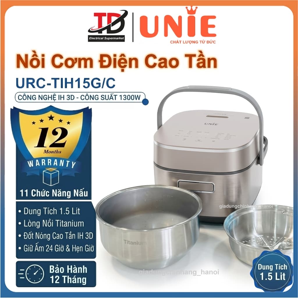 Nồi Cơm Cao Tần UNIE URC-TIH15C/G, 1.5Lit-1300W, Lòng Nồi TiTanium Dày 2mm, IH 3D, 11 Chế Độ Nấu, Hàng Chính Hãng