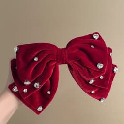 Kẹp Tóc Nơ Nhung Đỏ Đính Đá Lấp Lánh, Nơ Bướm Bản To Nhiều Tầng Sang Chảnh, Phụ Kiện Tóc Nữ Dự Tiệc, Noel, Tết 2