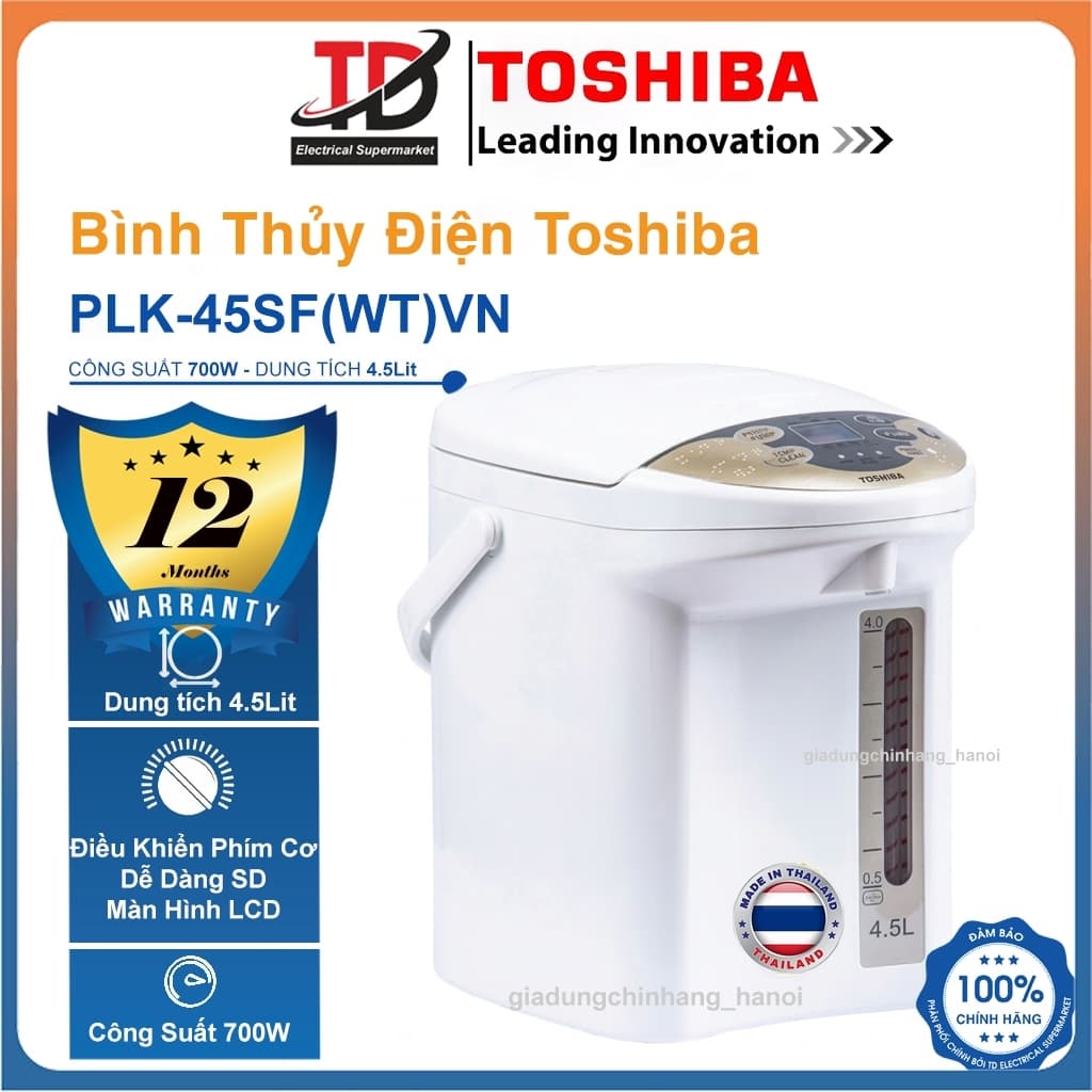 Bình Thủy Điện Toshiba PLK-45SF(WT)VN, 4.5Lit - 700W, Bơm Nước Điện Tử, 3 Mức Giữ Nóng, Hẹn Giờ, Hàng Chính Hãng