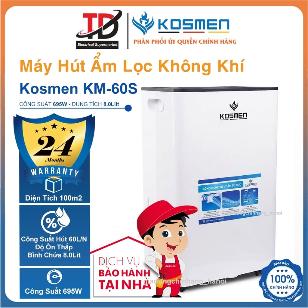 Máy Hút Ẩm Lọc Không Khí Kosmen KM-60S, 60Lit/Ngày, Diện Tích 110m², Ion Âm, Sấy Khô Quần Áo, Điều Khiển App, BH 2 Năm